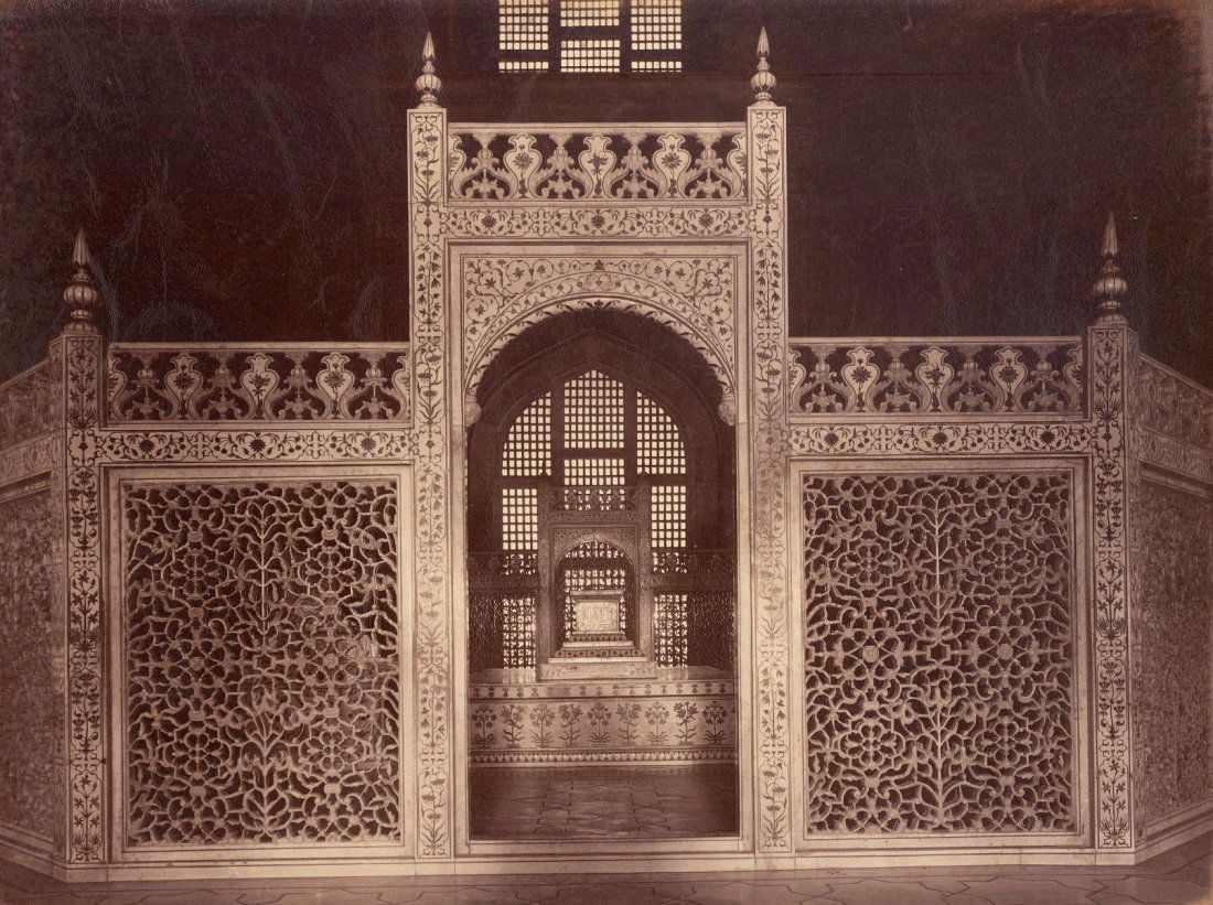 Agra; Screen enclosing Sarcophagi, Taj Mahal. C1866: Agra; Screen enclosing Sarcophagi, Taj Mahal. C1866 . Condition: Very good contrast and tonality . Photographer: Samuel Bourne #1231 . 9.125 x 11.5 inches.