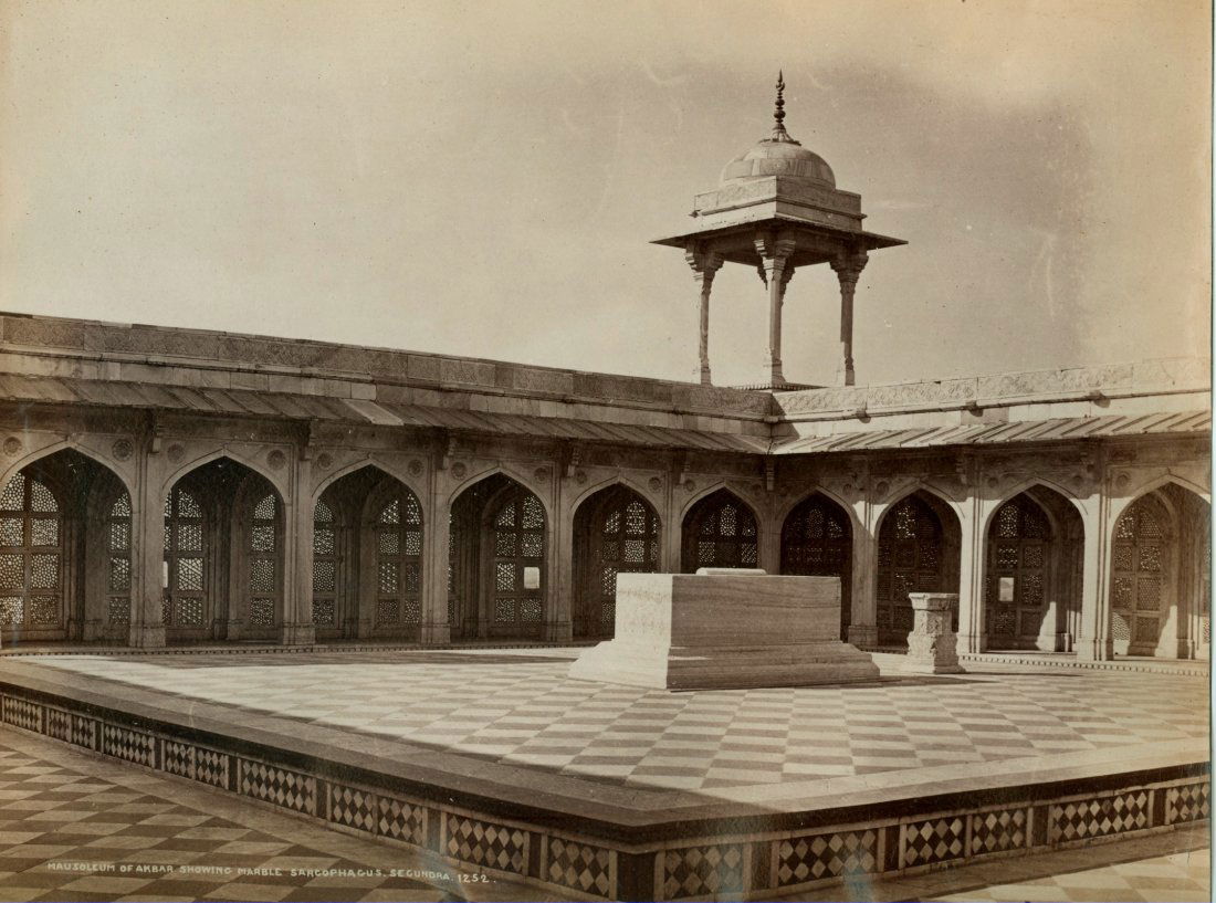 Mausoleum of Akbar, showing Sarcophegus, c1868: Mausoleum of Akbar, showing Sarcophegus, c1868. Condition: Very good contrast and tonality, edge fading. Photographer: Samuel Bourne #1252. 9 .x 11.125 inches