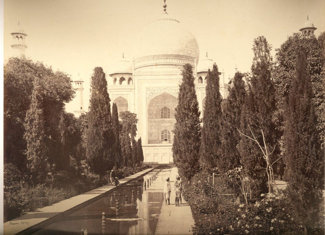 Agra; The Taj from the Fountain. c1865: Agra; The Taj from the Fountain. c1865. Condition: Very Good contrast & tonality. Photographer: Samuel Bourne #1077. Size: 9.25 x 11.25 inches