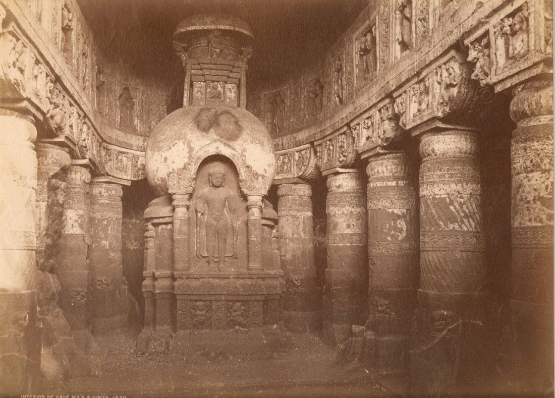 Ajunta; Interior of Cave no.9. c1865: Ajunta; Interior of Cave no.9. c1865. Condition: Good contrast & tonality, some foxing. Photographer: Samuel Bourne #1930. Size: 8.75 x 11 inches
