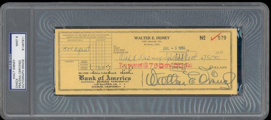 Walt Disney Signed Bank Check PSA/DNA MINT 9: Exceptionally fine signed bank check, 8" x 3", July 3, 1956, drawn on Disney's personal account and made payable to "Walt Disney Special Acct." for $750.00. Beautifully signed, "Walter E. Disney," in