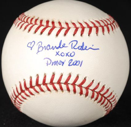 Brande Roderick PMOY 2001 Signed Baseball GAI: Official Major League (Selig) baseball signed along the sweet spot in blue ballpoint pen. In fine condition. Obtained in-person and accompanied by detailed signing information. COA from Global Authent