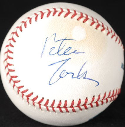 Peter Tork (Monkees) Signed OML Baseball GAI COA: Official Major League (Selig) baseball signed across the sweet spot in blue ballpoint pen. A moderate toning spot is present on the signature panel, otherwise fine. COA from Global Authentication.