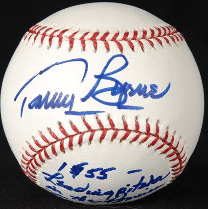 Tommy Byrne Signed OML Baseball GAI: Official Major League (Selig) baseball signed across the sweet spot in blue felt tip marker, with additional inscription along panel below sweet spot that reads, "1955 - Leading pitcher in the America