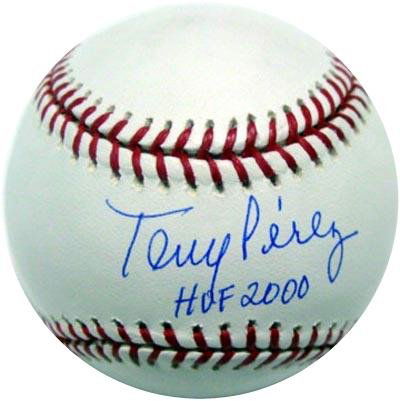 Tony Perez Signed OML Baseball HOF 2000 GAI: Official Major League (Selig) baseball signed across the sweetspot in blue ballpoint pen, "Tony Perez, HOF 2000." In excellent condition. COA from Global Authentication and Tri-Star.