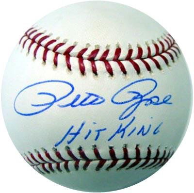 Pete Rose Signed OML Baseball HIT KING PSA: Official Major League (Selig) baseball signed across the sweetspot in blue ballpoint pen, "Pete Rose, Hit King." In excellent condition. COA from PSA/DNA.