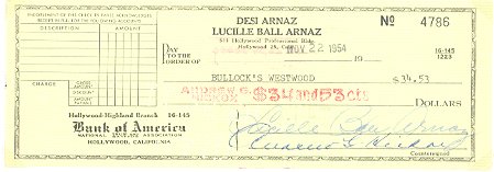 Lucille Ball Signed Bank Check