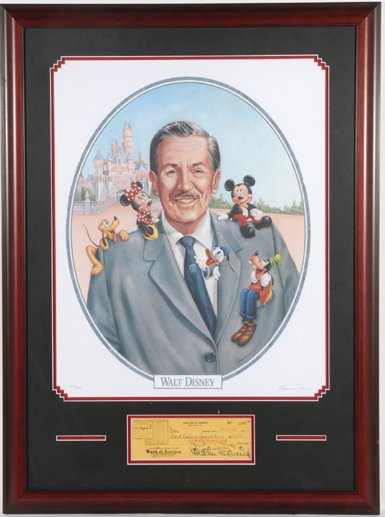 Walt Disney Framed Signed Check Display PSA/DNA: Exceptionally fine signed bank check, 8" x 3", February 24, 1949, drawn on Disney's personal account and made payable to "Walt Disney Special Acct." for $375.00. Beautifully signed, "Walter E. Disney,