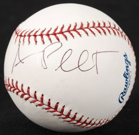 Amanda Peet Signed OML Baseball: Rawlings official Major League baseball (Selig) signed across the side panel by the actress in black ballpoint pen. In fine condition. COA from Global Authentication.