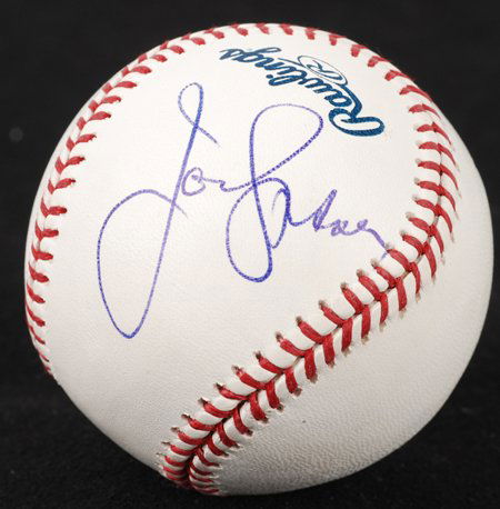 John Stamos Signed OML Baseball: Rawlings official Major League baseball (Selig) signed across the side panel by the "Full House" and "ER" star in blue ballpoint pen. In fine condition. COA from Global Authentication.