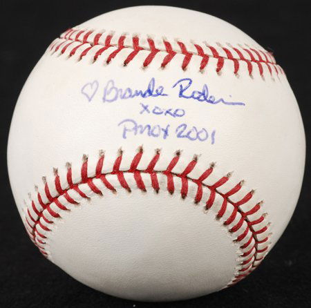 Brande Roderick Signed "PMOY 2001" OML Baseball: Rawlings official Major League baseball (Selig) signed across the sweet spot in blue ballpoint pen, "Brande Roderick xoxo, PMOY 2001." Superb! COA from Global Authentication.