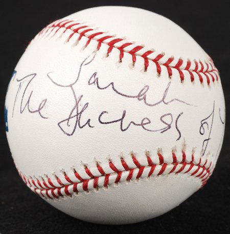 Sarah Duchess of York Signed OML Baseball GAI: Official Major League (Selig) baseball boldly signed across the sweet spot in black ballpoint pen, "Sarah, Duchess of York, 2005." In fine condition. COA from Global Authentication.