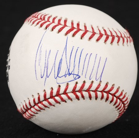 Donald Trump Signed OML Baseball GAI: Rawlings official Major League (Selig) Barry Bonds 600th HR commemorative baseball, signed along the ssweet spot by the business mogul in blue ballpoint pen. In fine condition. COA from PSA/DNA.