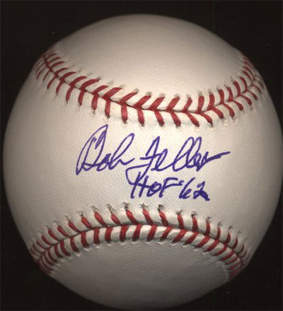Bob Feller Signed "HOF 62" OML Baseball: Rawlings official Major League baseball (Selig) signed and inscribed across the sweet spot in blue ink, "Bob Feller, HOF 62." In excellent condition. COA from Global Authentication. ***IMPORTANT REMIN