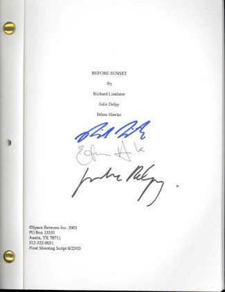 Before Sunset Ethan Hawke J. Delpy Signed Script: A 61-page Final Shooting Script, dated August 25, 2003, signed on the cover page by the film's writer/actors: Richard Linklater, Ethan Hawke and Julie Delpy. Encased in a Warner Independent Pictures f