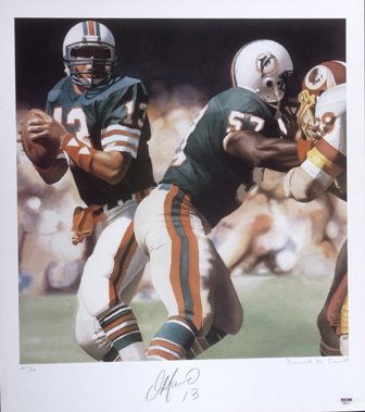 Dan Marino Signed Lithograph PSA/DNA: 21" x 22" limited edition lithograph signed by Marino and artist David Smith along the lower margin in pencil. In excellent condition. LOAs from Global Authentication and PSA/DNA.