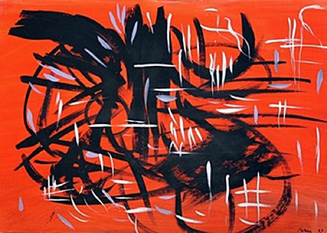 Georges Mathieu - Oil On Paper: Oil on paper by Georges Mathieu, approx. 20x14 in. Georges Mathieu was a French abstract painter, art theorist and member of the Académie des Beaux-Arts in Paris. He is considered one of the fathers