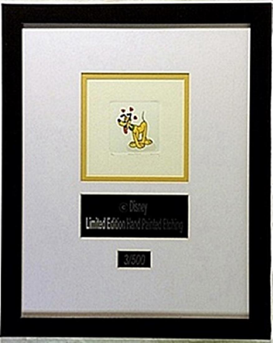 Licenced Disney Etchings Pluto: Licenced Disney Etchings "Pluto" hand colored, Limited Edition, comes in Beautiful custom matt & frame, approx dimension 14"x18".
