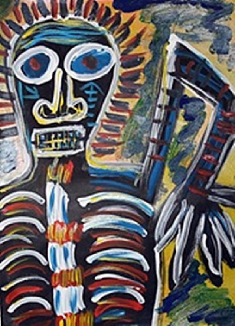Jean Michel Basquiat - Oil On Paper: Oil on Paper by Jean Michel Basquiat, approx 19x14 in. Jean-Michel Basquiat was an American artist. Born in Brooklyn to a Haitian father and Puerto Rican mother, Basquiat first achieved notoriety as p