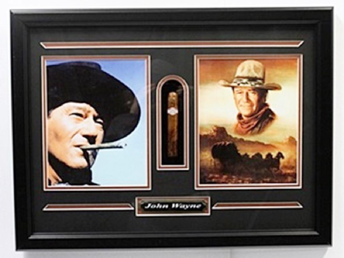 John Wayne Double Picture & Cigar: John Wayne Double Picture & Cigar; Approx. 20X24 in. Custom Framed Memorabilia