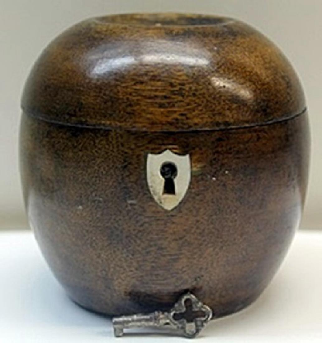Hand Carved Antique Wood Apple LockBox w/ Key: Hand Carved, Antique Wood, Apple Shaped, Lockbox with Skeleton Key, Gilded metalwork hinges, and mechanically working Lock, (Missing (1) one small nail & apple stem,) Size Approx. 5 1/2" x 3 1/2" x 3 