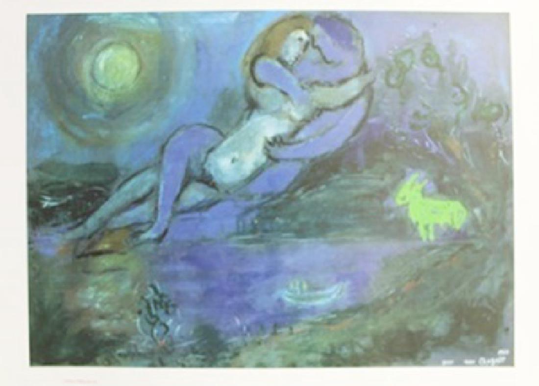 Lithograph "Couple Blew au Borde de L'Eau" By Marc: Authentic Lithograph "Couple Blew au Borde de L'Eau" Marc Chagall, signed , Size Approx. 34 x 32 In. Marc Zakharovich Chagall (July 6th 1887 – March 28th 1985) "The quintessential Jewish artist of t