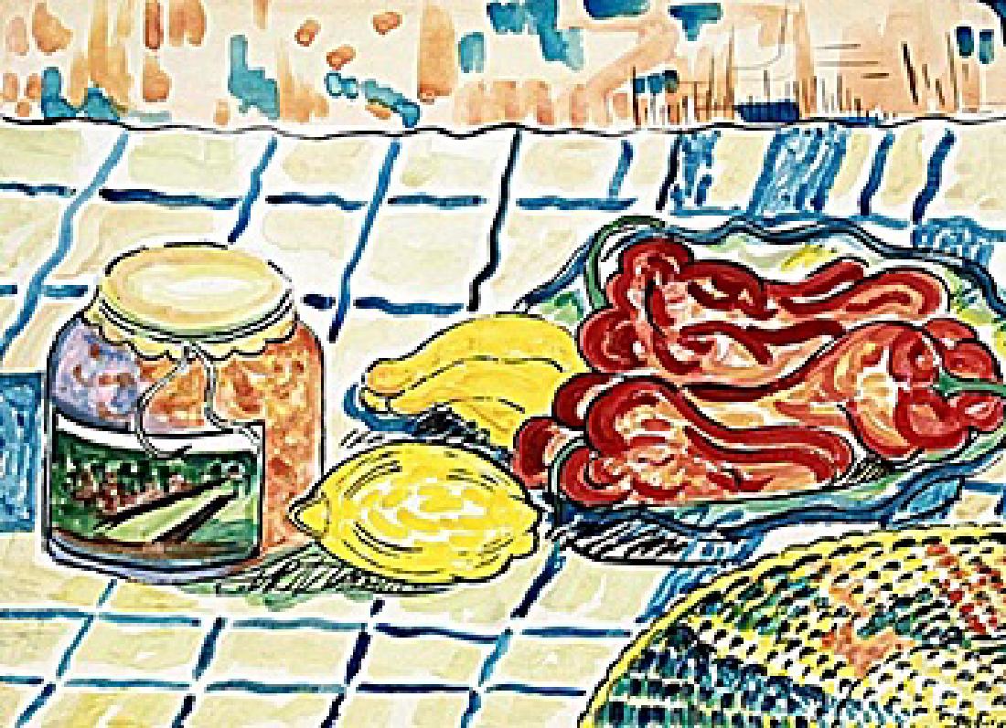 Still Life - Paul Gauguin - Watercolor: Watercolor in the manner of Paul Signac, approx. 17x12 in. Paul Victor Jules Signac was a French Neo-Impressionist painter who, working with Georges Seurat, helped develop the Pointillist style.