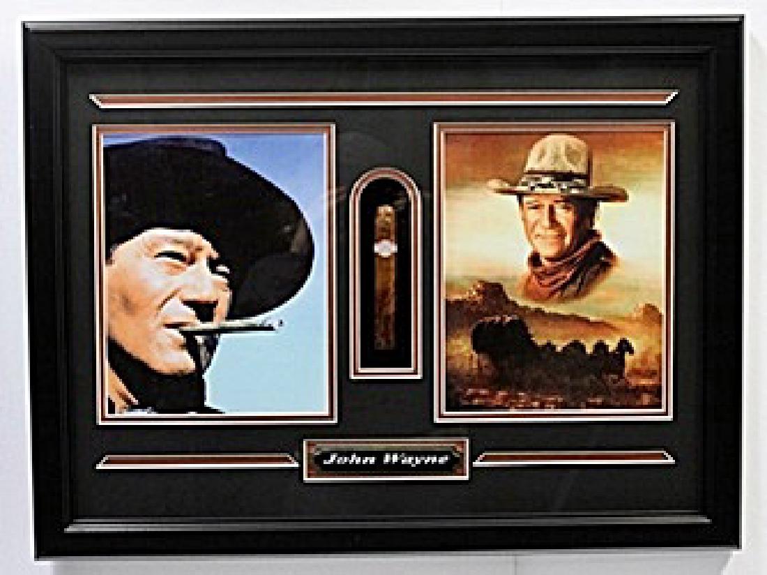John Wayne Double Picture & Cigar: John Wayne Double Picture & Cigar; Approx. 20X24 in. Custom Framed Memorabilia