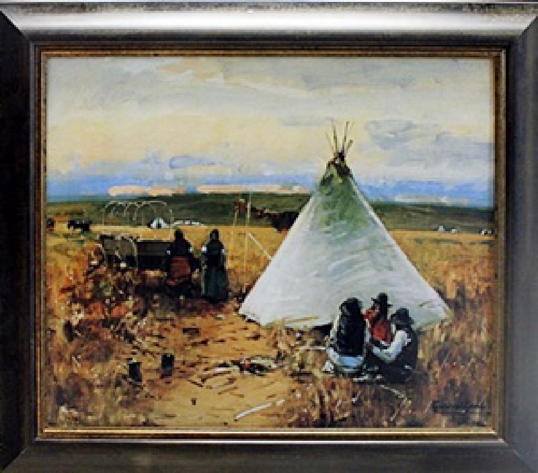 Framed oil on canvas "The Pow-Wow" - William Gilbert: Framed oil on canvas in the manner of William Gilbert Gaul, "The Pow-Wow" . Gilbert Gaul, was a late 19th and early 20th century military and historical painter and illustrator.