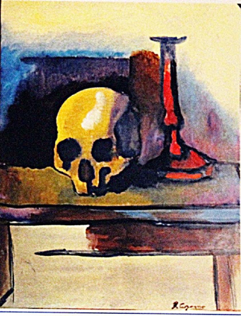 Paul Cezanne - Skull on the Table: Oil on paper in the manner of Paul Cezanne "Skull on the Table", circa 1901, private collection, unframed dimensions are approximately 14x11. Paul Cézanne, (born January 19, 1839, Aix-en-Provence, Fr