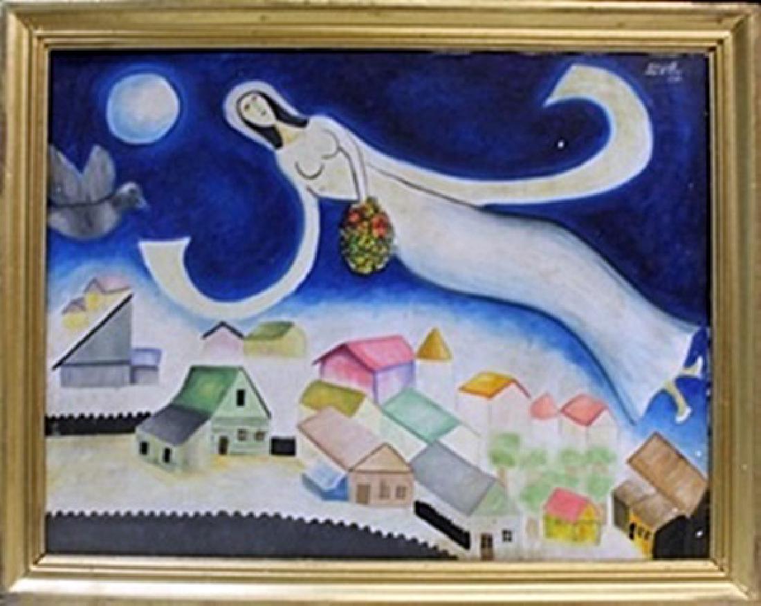 Oil Painting on Canvas - Marc Chagall: In the manner of Marc Chagall Oil Painting on Stretched Canvas, bearing the signature , Size Approx. 22" x 28" in.
