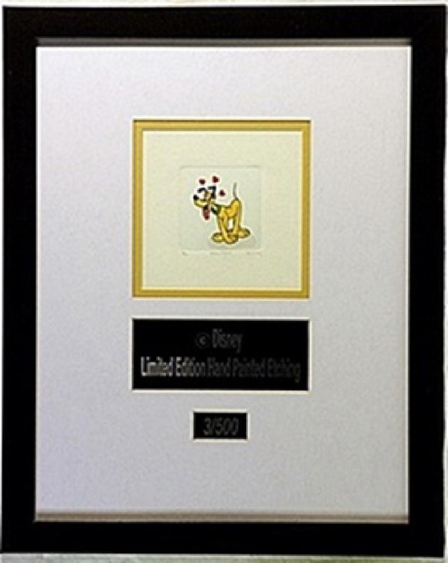 Licenced Disney Etchings Pluto: Licenced Disney Etchings "Pluto" hand colored, Limited Edition, comes in Beautiful custom matt & frame, approx dimension 14"x18".