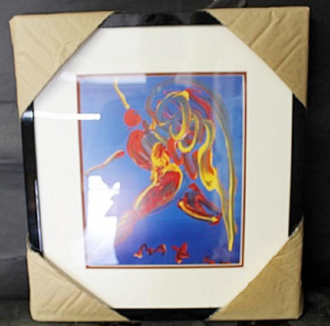 Peter Max Lithograph: Framed lithograph in the manner of Peter Max; Approximately 19 x 16 In. Peter Max is an American artist known for using bright colors in his work. Max synthesized the "Summer of Love" into artworks fr