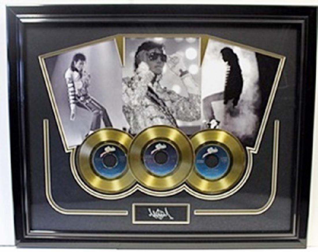 Michael Jackson Memorabilia W/ 3 Gold Plated Records: 3 Gold Records Michael Jackson; Approx. 24X30 in. Custom Framed Memorabilia