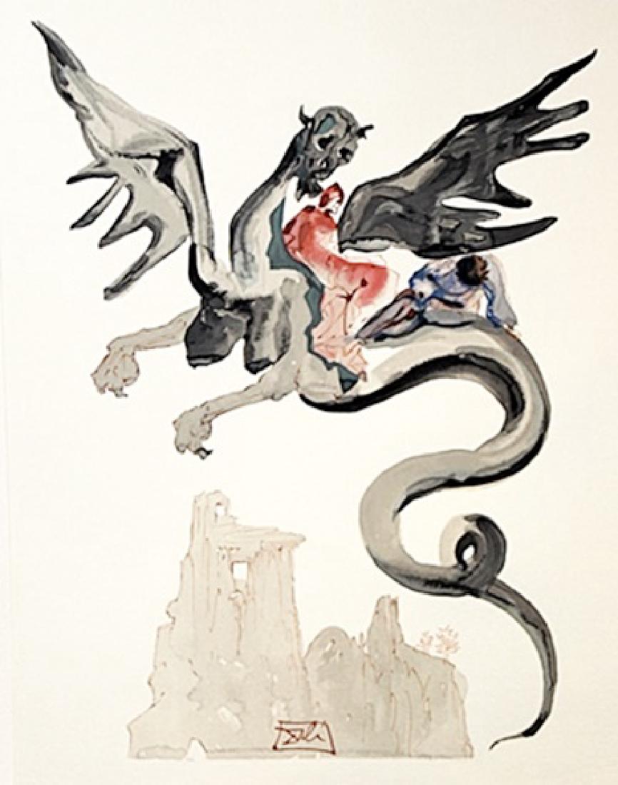 Dali - Hell Canto 17 - The Divine Comedy: Authentic plate signed wood block print by Salvador Dali from the Divine Comedy Series. The Divine Comedy suite consists of 100 color wood engravings created between 1960 and 1964 after 100 watercolor