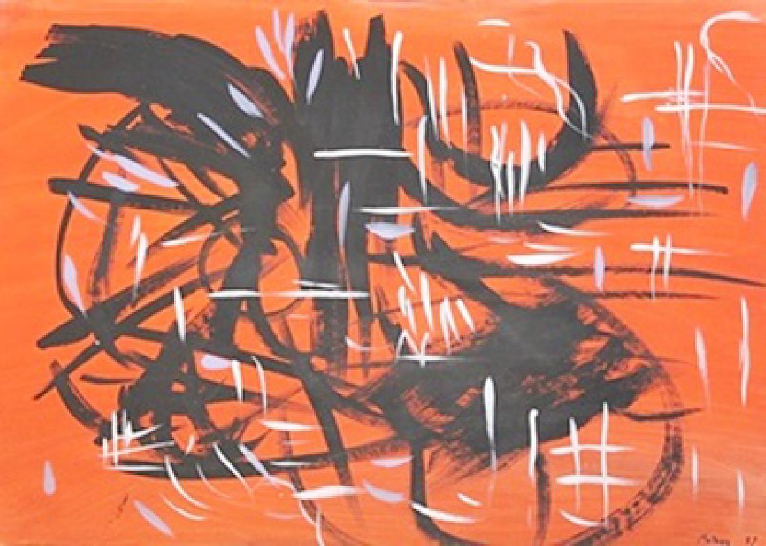 Georges Mathieu - Oil On Paper: Oil on paper by Georges Mathieu, approx. 20x14 in. Georges Mathieu was a French abstract painter, art theorist and member of the Académie des Beaux-Arts in Paris. He is considered one of the fathers