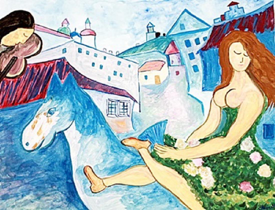The Love - Marc Chagall - Watercolor: Watercolor in the manner of Marc Chagall , approx. 17x13 in. Marc Zakharovich Chagall was a Russian-French artist of Belarusian Jewish origin. An early modernist, he was associated with several major 
