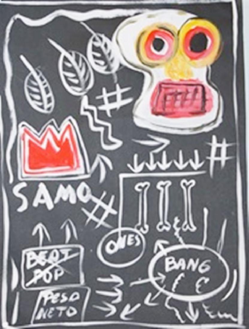 Jean Michel Basquiat - Oil On Paper: Oil on Paper by Jean Michel Basquiat, approx 19x14 in. Jean-Michel Basquiat was an American artist. Born in Brooklyn to a Haitian father and Puerto Rican mother, Basquiat first achieved notoriety as p