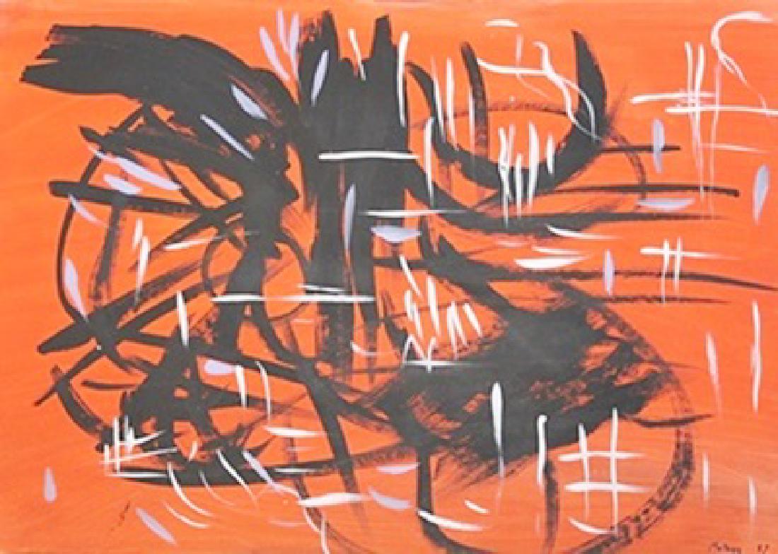 Georges Mathieu - Oil On Paper: Oil on paper by Georges Mathieu, approx. 20x14 in. Georges Mathieu was a French abstract painter, art theorist and member of the Académie des Beaux-Arts in Paris. He is considered one of the fathers