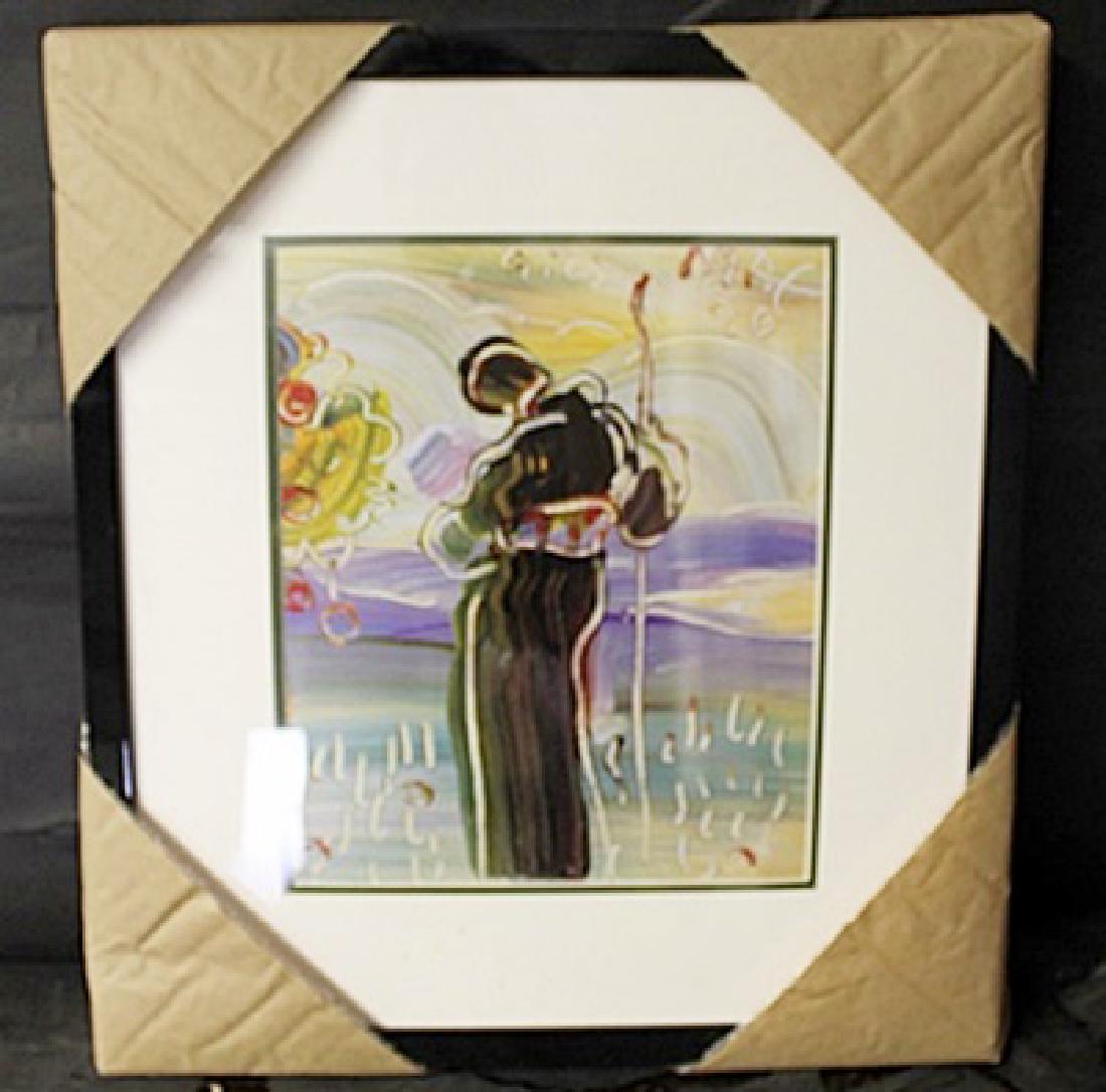 Peter Max Lithograph: Framed lithograph in the manner of Peter Max ; Approximately 19 x 17 In. Peter Max is an American artist known for using bright colors in his work. Max synthesized the "Summer of Love" into artworks f