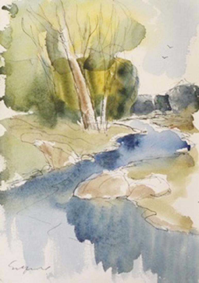 Original Ink & Watercolor on Paper "Spring Creek" by: Original Ink & Watercolor on Paper "Spring Creek" by Michael Schofield; signed, size approx. 11 1/2 x 8 in. Michael Schofield was born in Orlando, Florida, in 1947. His talent as a silk screen mechani