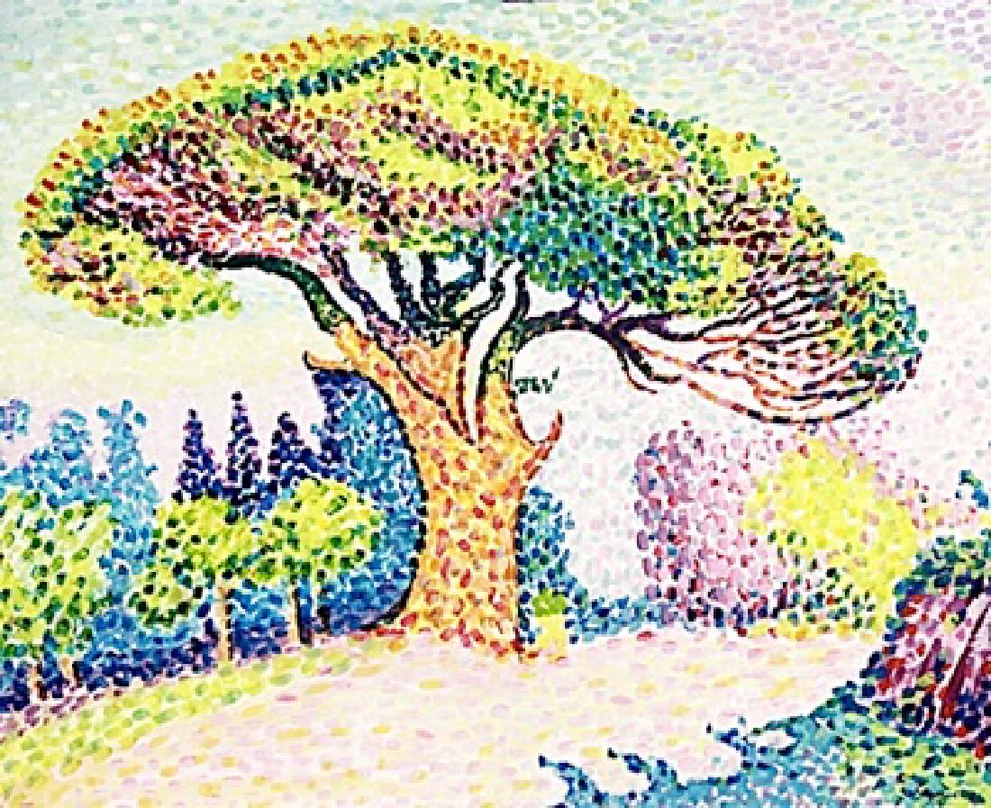 The Pine In Saint Tropez - Paul Signac - Watercolor: Watercolor in the manner of Paul Signac, approx. 17x13 in. Paul Victor Jules Signac was a French Neo-Impressionist painter who, working with Georges Seurat, helped develop the Pointillist style.