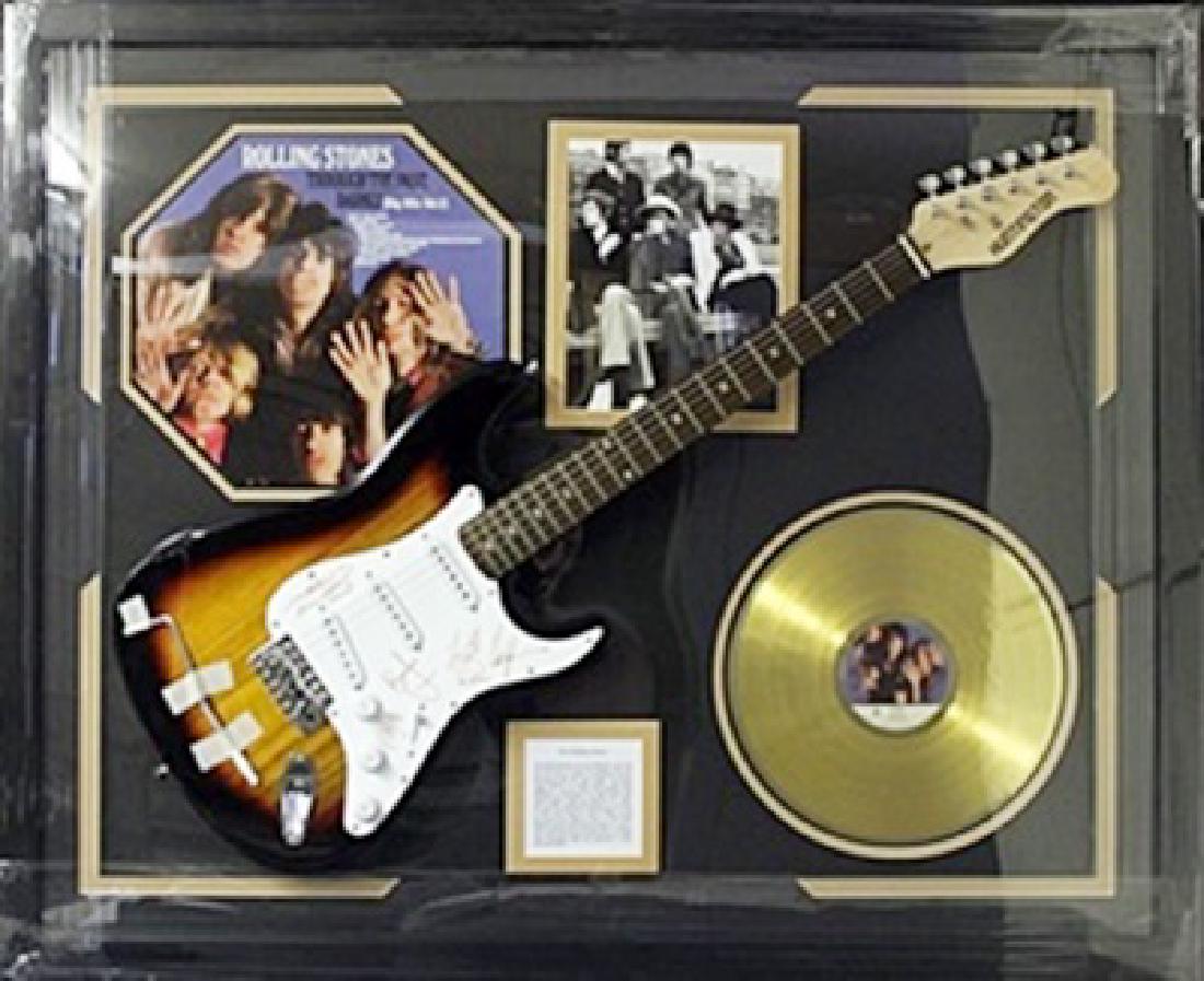 Memorabilia "The Rolling Stones" Autographed Guitar: Memorabilia "The Rolling Stones", Autographed Guitar with Gold Record, Album Cover, Photograph, and Small Biography. Size Approx.. 35 x 42 In.