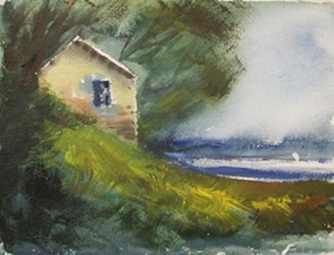 Original Mixed Media on Paper "Cottage on the Hill" by: Original Mixed Media on Paper "Cottage on the Hill" by Michael Schofield; signed, size approx. 12 x 15 in. Michael Schofield was born in Orlando, Florida, in 1947. His talent as a silk screen mechanic