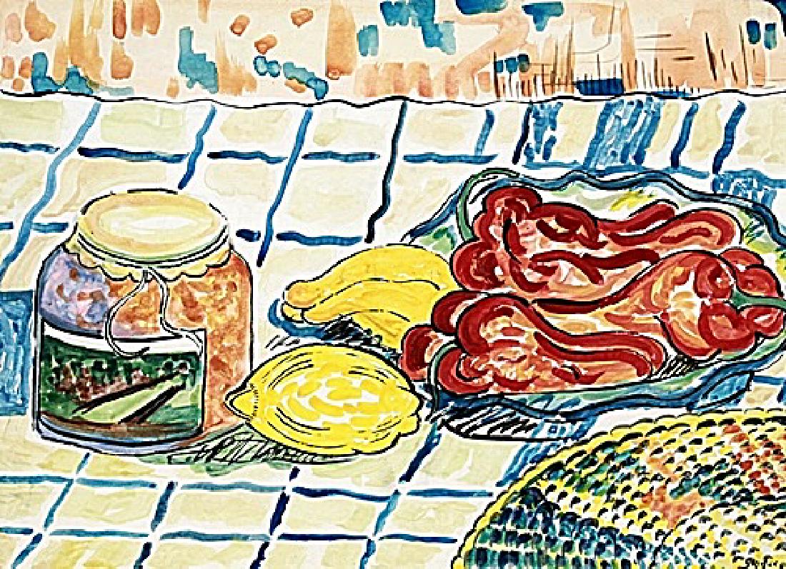 Still Life - Paul Gauguin - Watercolor: Watercolor in the manner of Paul Signac, approx. 17x12 in. Paul Victor Jules Signac was a French Neo-Impressionist painter who, working with Georges Seurat, helped develop the Pointillist style.
