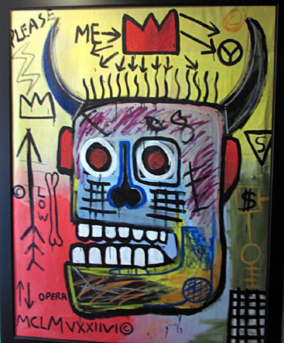 Jean Michel Basquiat - Oil On Canvas 107L: Oil on canvas in the manner of Jean-Michel Basquiat, Framed approx. 65x51 in. Jean-Michel Basquiat was an American artist of Haitian and Puerto Rican descent. Basquiat first achieved fame as part of S