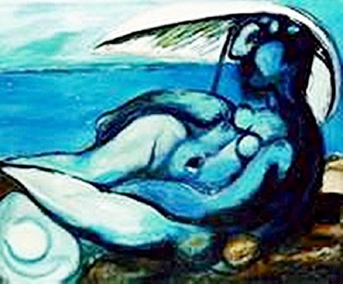 Reclining nude at beach-Collection Domaine Picasso: Lithograph in the manner of Pablo Picasso. Pablo Picasso was a Spanish painter, sculptor, printmaker, ceramicist, stage designer, poet and playwright who spent most of his adult life in France.