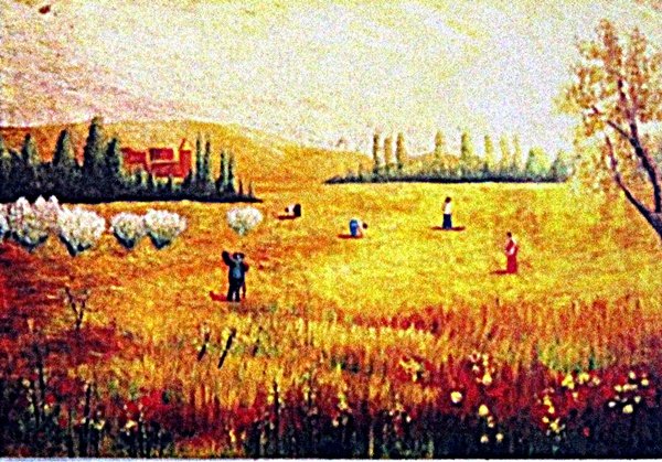 Camille Pissarro - Hay Harvest at Eragny: Oil on canvas Camille Pissarro "Hay Harvest at Eragny" circa 1872, signed private collection, unframed dimensions approximately 25x17. Camille Pissarro (French: [kamij pisa?o]; 10 July 1830 – 13 Nov