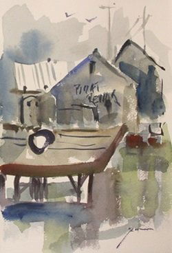 Original Watercolor on Paper "Boat Repair" by Michael: Original Watercolor on Paper "Boat Repair" by Michael Schofield; signed, size approx. 11 1/2 x 8 in. Michael Schofield was born in Orlando, Florida, in 1947. His talent as a silk screen mechanic and a