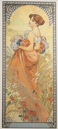 Lithograph Summer - Alphonse Mucha: Lithograph Summer After Alphonse Mucha; , plate signed, size approx. 33 x 15 in. Alfons Maria Mucha (24 July 1860 – 14 July 1939), often known in English and French as Alphonse Mucha, was a Czech�